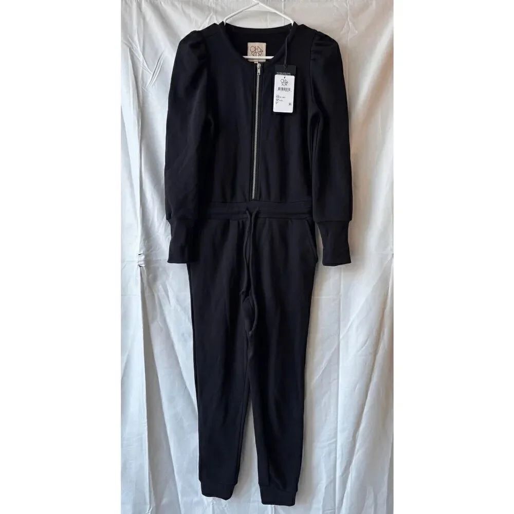 Chaser Evereve Exclusive Puff Sleeve Zipper Front Jumpsuit in True Black Size XS